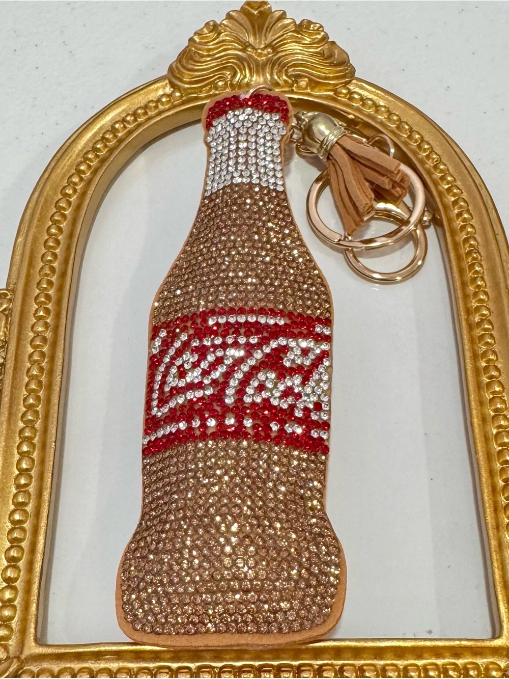 New Crystal Beverage Bottle Keychain Charm - Red, Gold & Tan